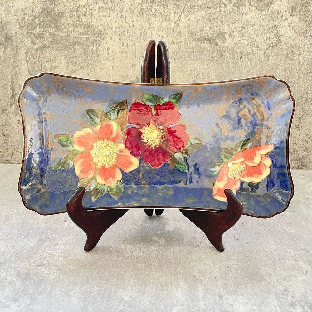 Vtg Royal Doulton Blue Floral Hand Painted Vanity Tray Rectangle Earthenware